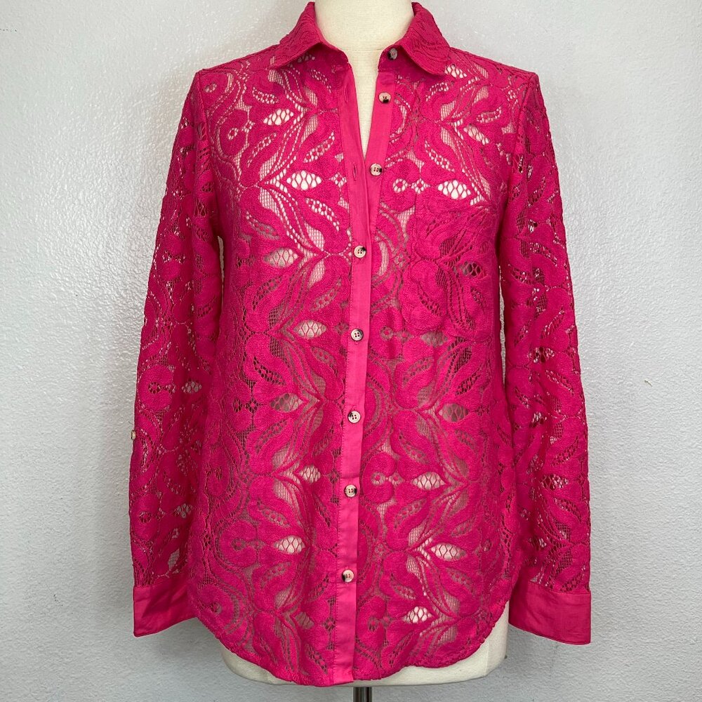 Anthropologie Maeve Pink Open Lace Button Down Shirt Size 8
